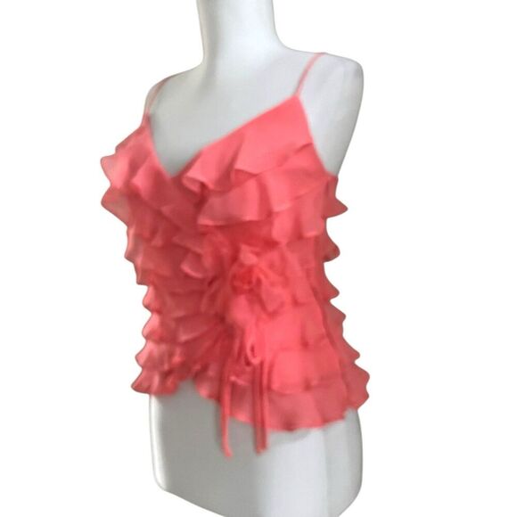 Vintage CACHE 100% Silk Ruffled Top Sz 8 Coral Pink Y2K Feminine Fairy Coquette - Picture 2 of 12